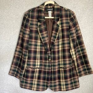 Vintage Sag Harbor Woman Plaid Blazer 18W Wool Blend Single Button Dark Academia